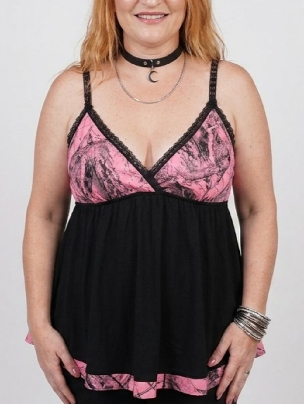 Pink Camo Lace Trim & Straps Babydoll Camisole Tank Top, Realtree, Mossy Oak